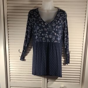 J. Jill Blue and White Long Sleeve V-Neck Top